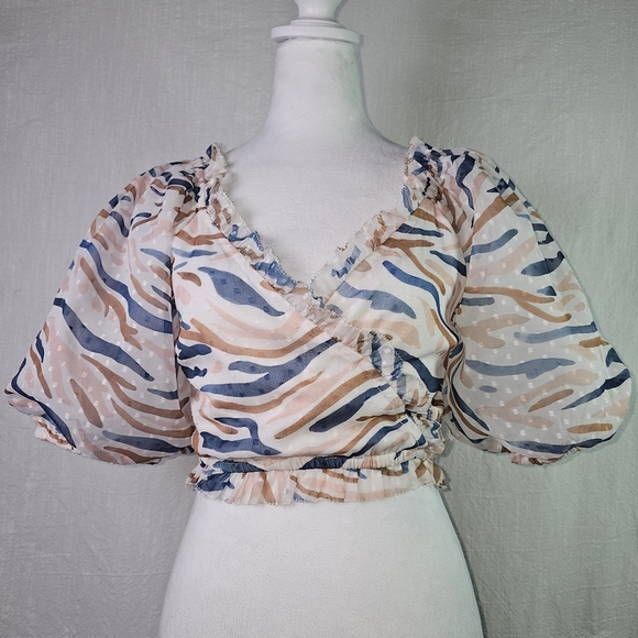 SAYLOR Tops - Saylor Teryn Smocked Printed V Neck Halter Top SZ S Swiss Dot Boho Puff Sleeves